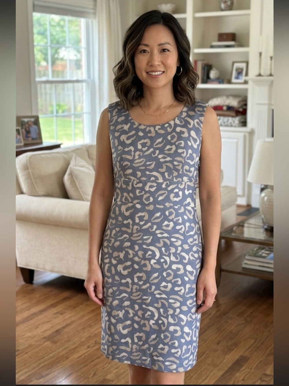 Ann Taylor Blue and Cream Leopard-Print Midi Sheath Dress